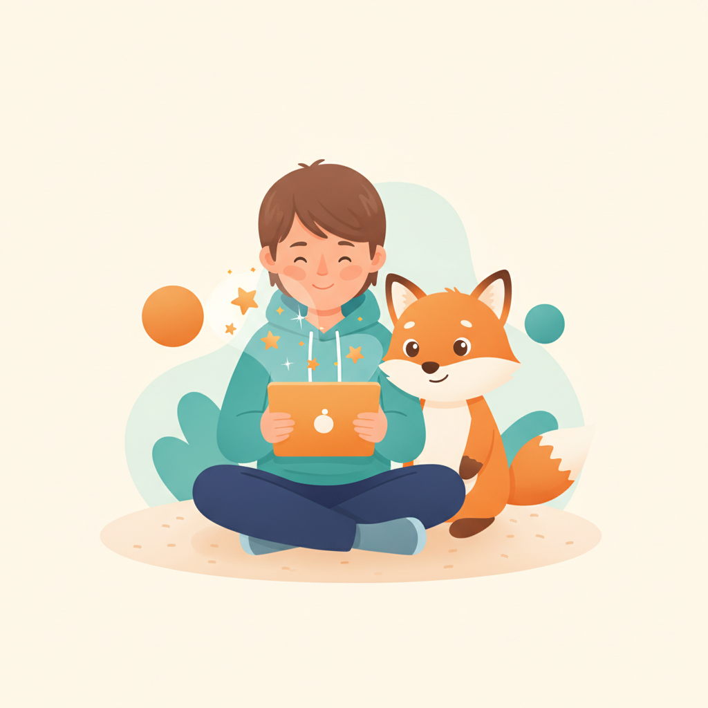 A happy kid earning stars with their fox buddy